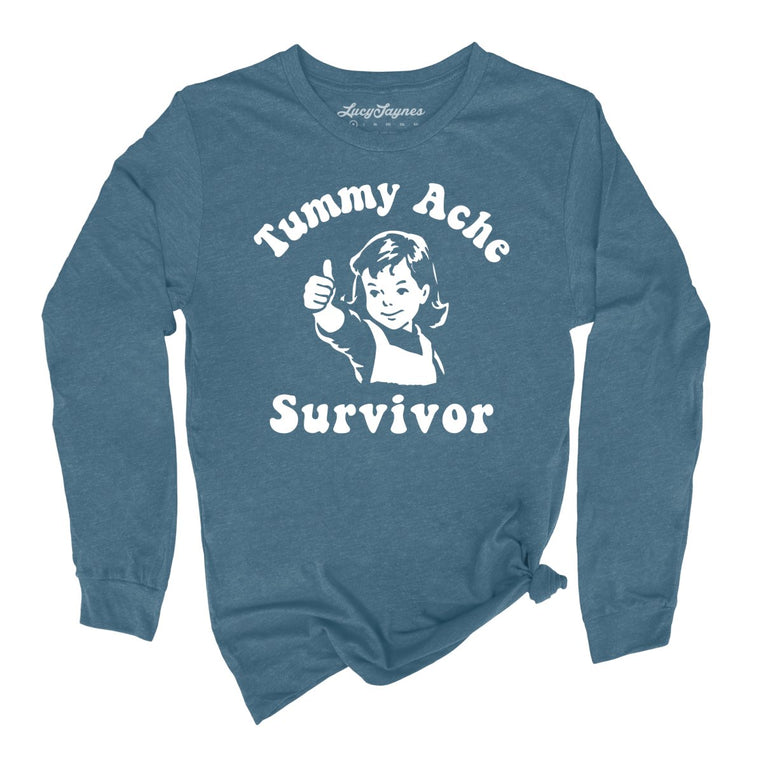 Tummy Ache Survivor Graphic Long Sleeve Tee - Heather Deep Teal