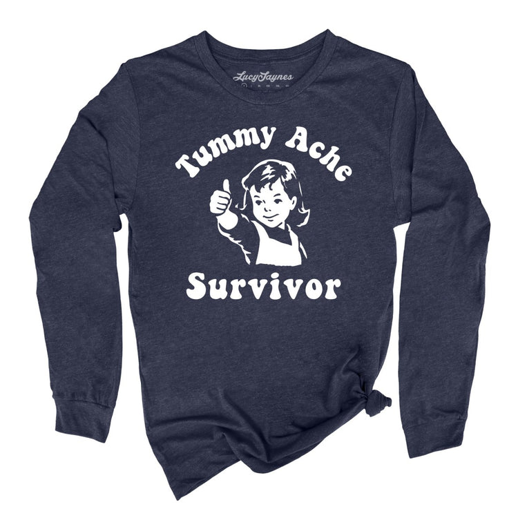 Tummy Ache Survivor Graphic Long Sleeve Tee - Heather Navy