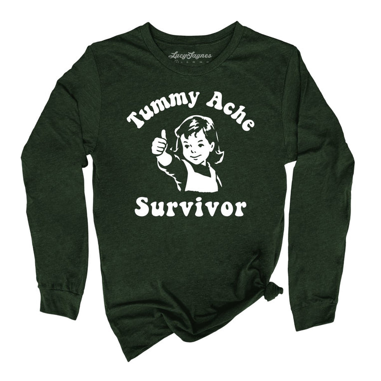 Tummy Ache Survivor Graphic Long Sleeve Tee - Heather Forest