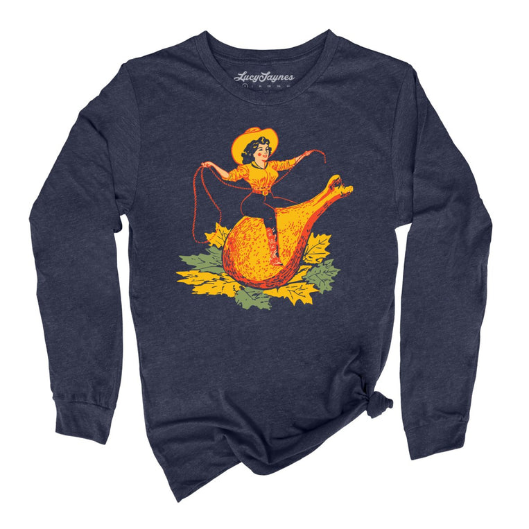 Turkey Leg Pinup Graphic Long Sleeve Tee - Heather Navy