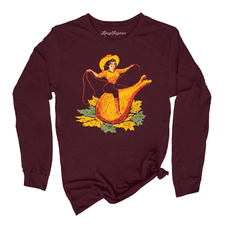 Turkey Leg Pinup Graphic Long Sleeve Tee - Heather Maroon