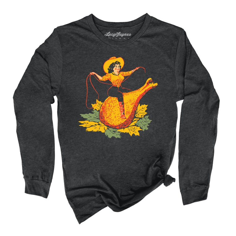 Turkey Leg Pinup Graphic Long Sleeve Tee - Dark Grey Heather