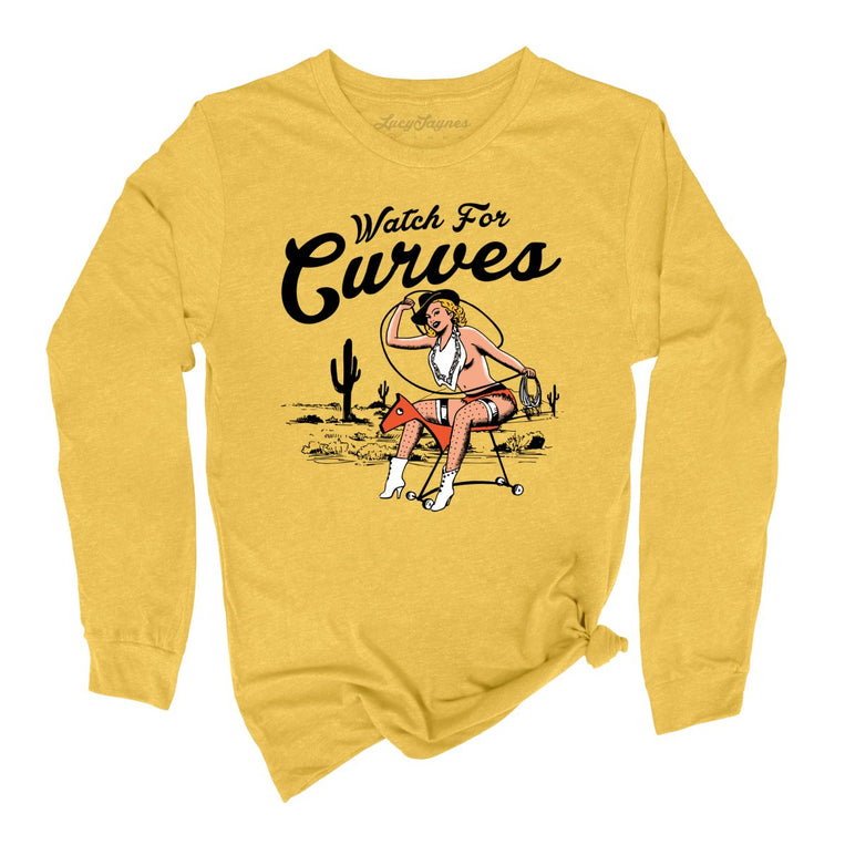 Watch For Curves Graphic Long Sleeve Tee - Heather Yellow Gold