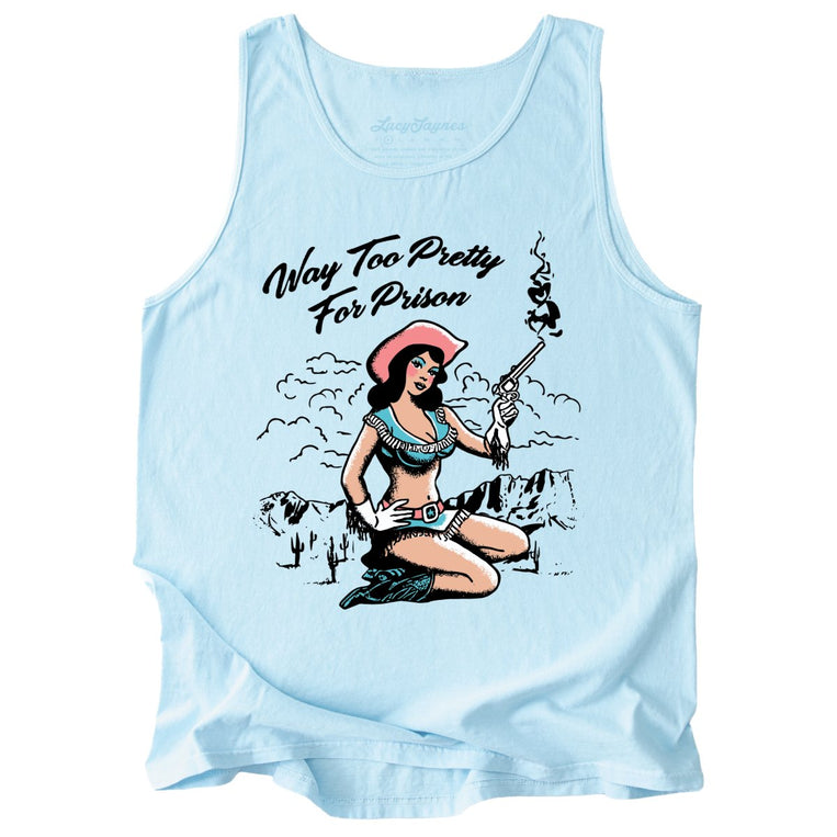 Way Too Pretty For Prison Comfort Colors Graphic Tank Top - Chambray