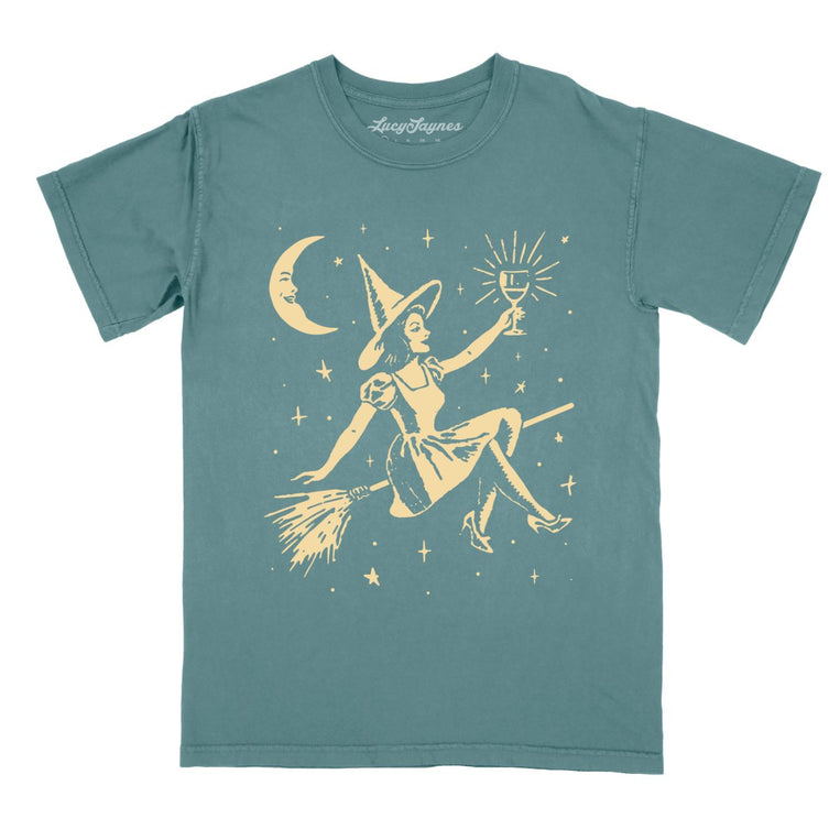 Witchy Wine Comfort Colors Graphic Tee - Blue Spruce