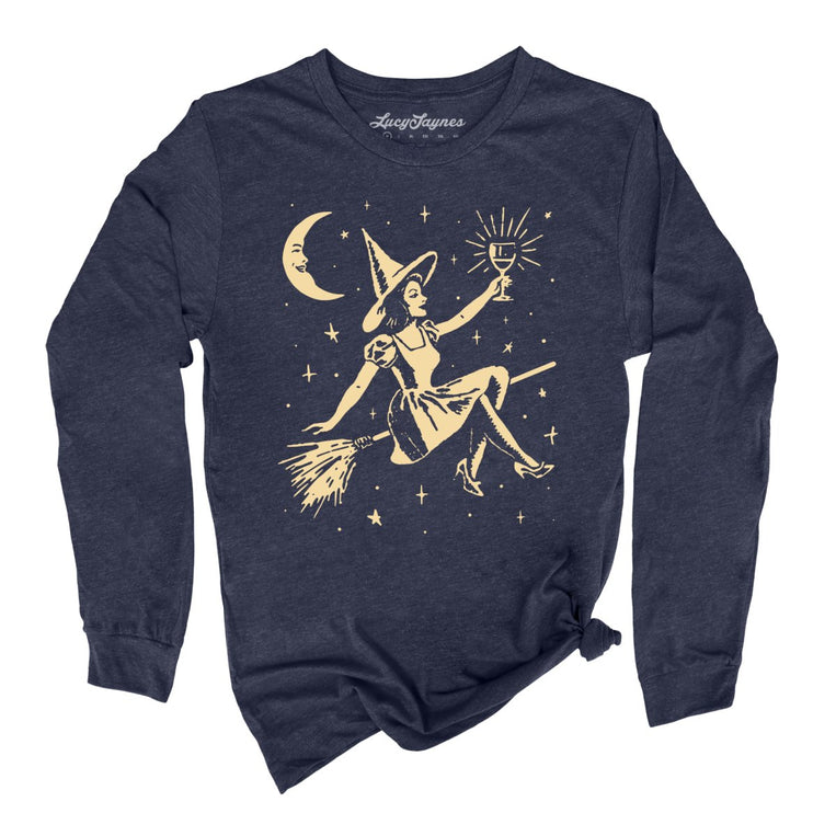 Witchy Wine Graphic Long Sleeve Tee - Heather Navy
