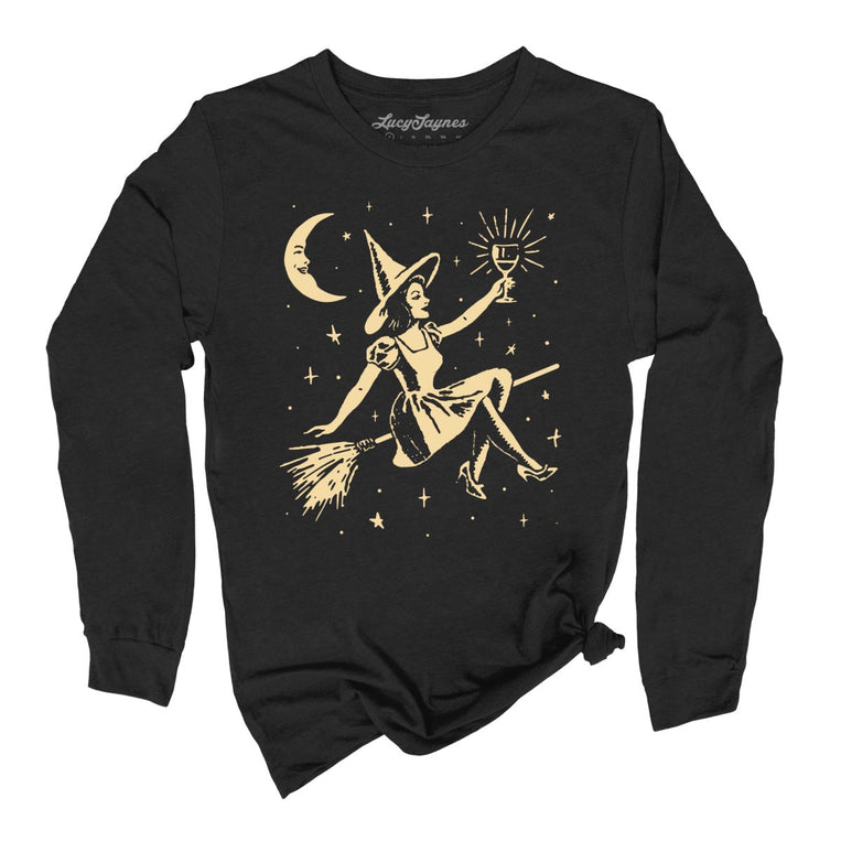 Witchy Wine Graphic Long Sleeve Tee - Black