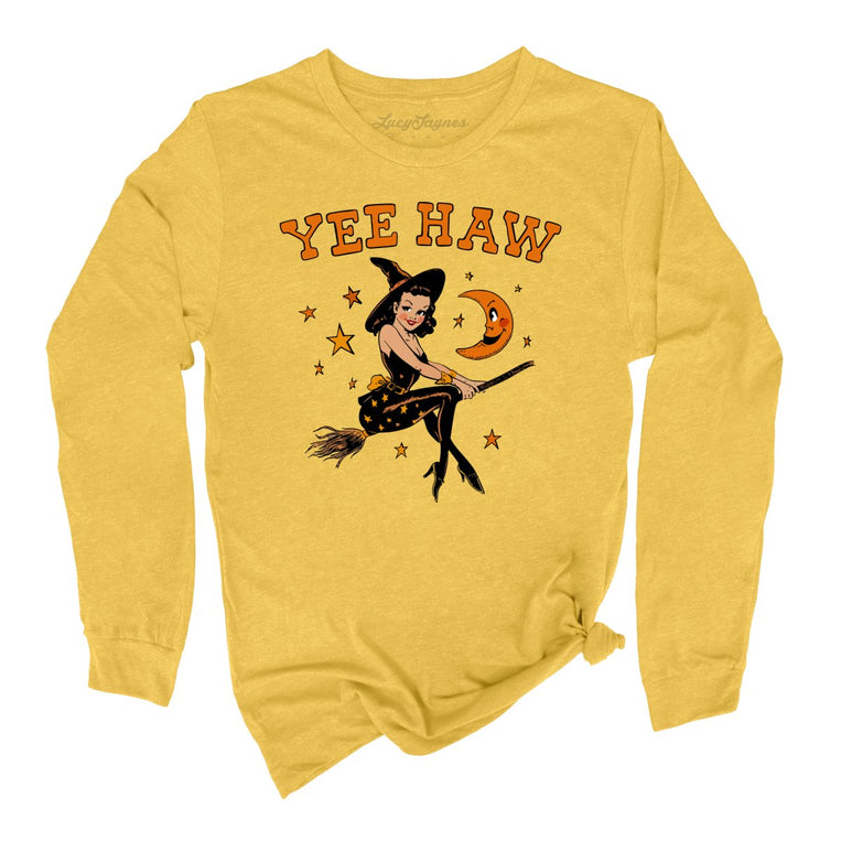 Yee Haw Witch Graphic Long Sleeve Tee - Heather Yellow Gold