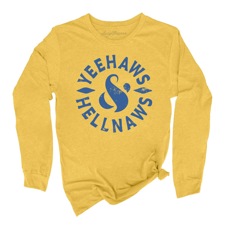 Yeehaws and Hellnaws Graphic Long Sleeve Tee - Heather Yellow Gold