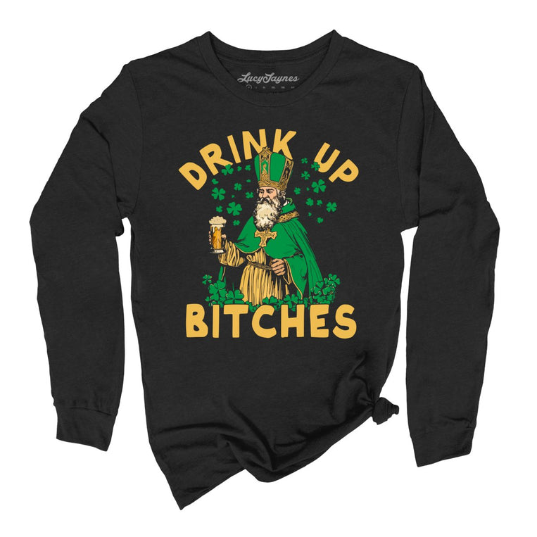 Drink Up Bitches Graphic Long Sleeve Tee - Black