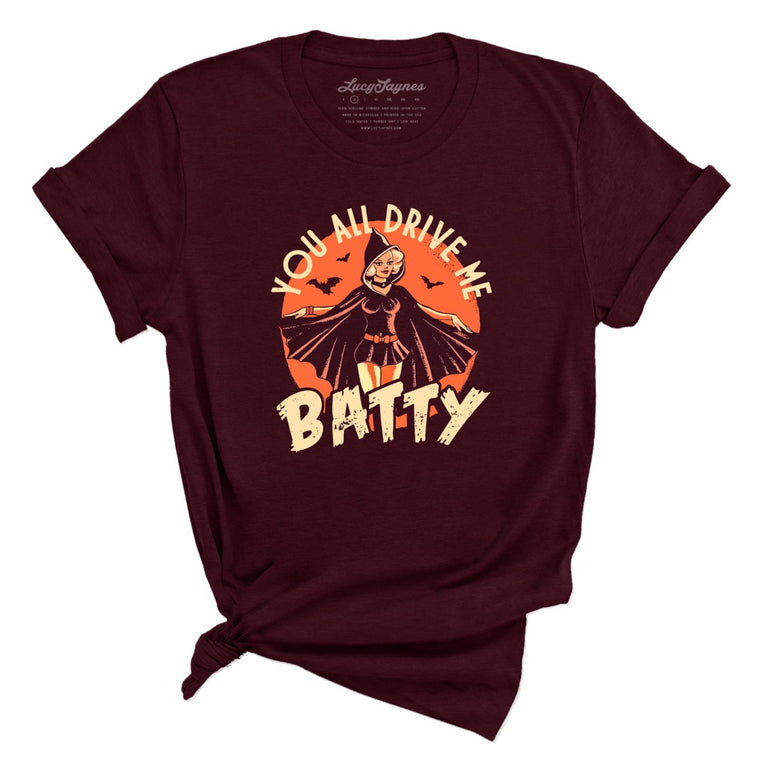 Drive Me Batty Graphic Tee - Heather Cardinal