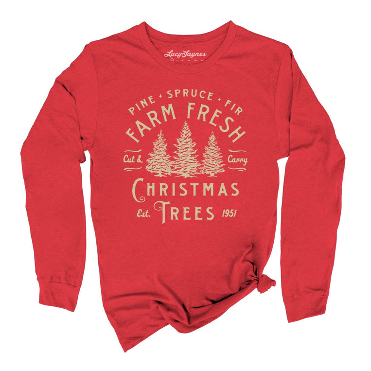 Farm Fresh Christmas Trees Graphic Long Sleeve Tee - Red