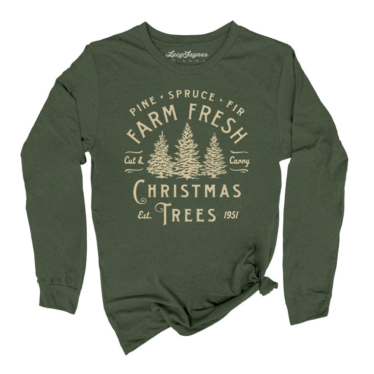 Farm Fresh Christmas Trees Graphic Long Sleeve Tee - Military Green