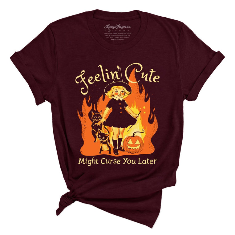 Feelin' Cute Might Curse You Later Graphic Tee - Heather Cardinal