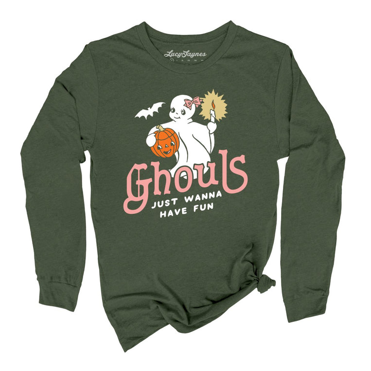 Ghouls Just Wanna Have Fun Graphic Long Sleeve Tee - Military Green