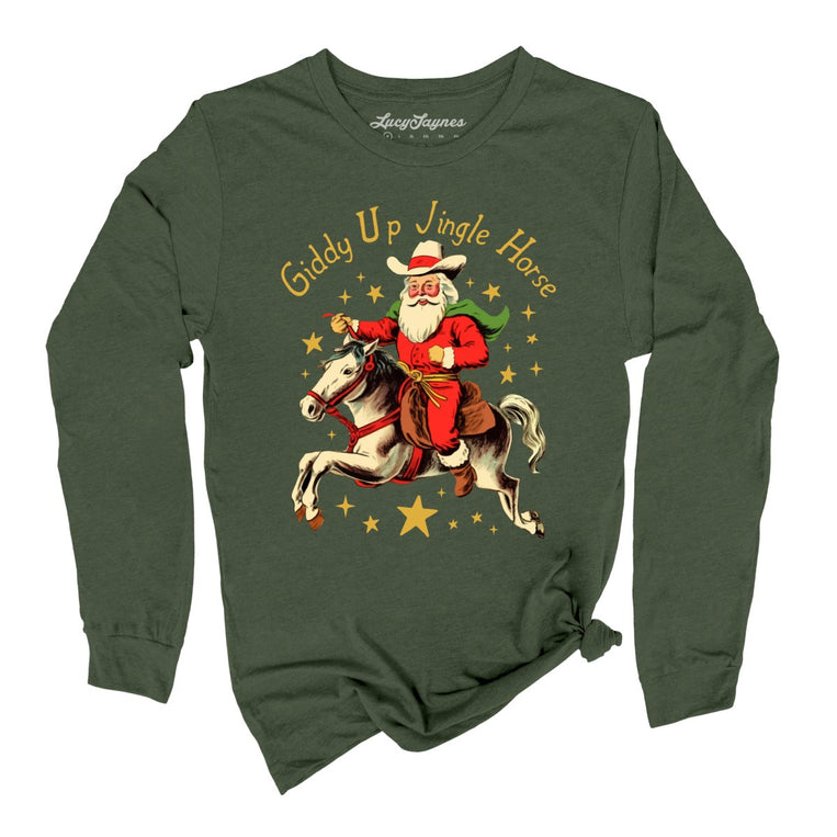 Giddy Up Jingle Horse Graphic Long Sleeve Tee - Military Green