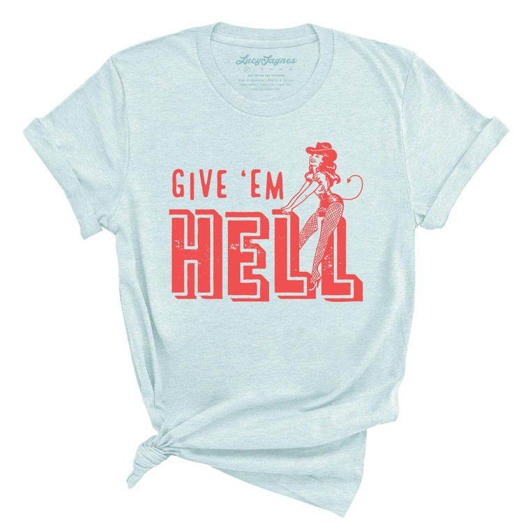 Give 'em Hell Graphic Tee - Heather Ice Blue