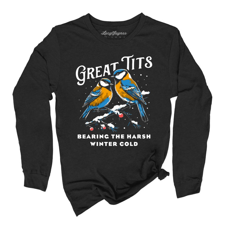 Great Tits Winter Cold Graphic Long Sleeve Tee - Black