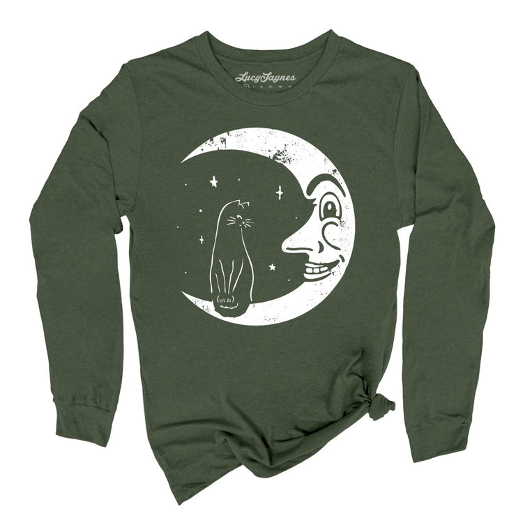 Kitty On The Moon Graphic Long Sleeve Tee - Military Green