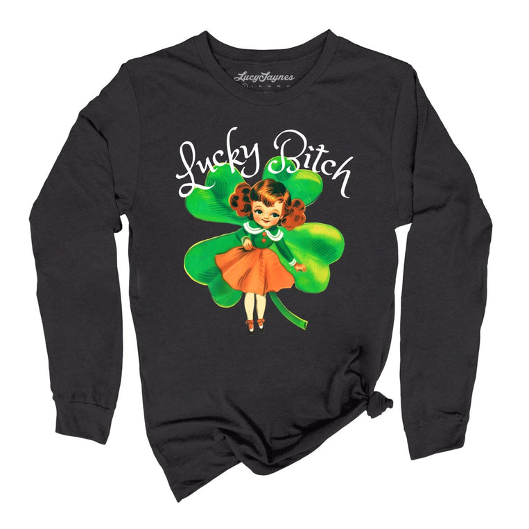 Lucky Bitch Graphic Long Sleeve Tee - Dark Grey