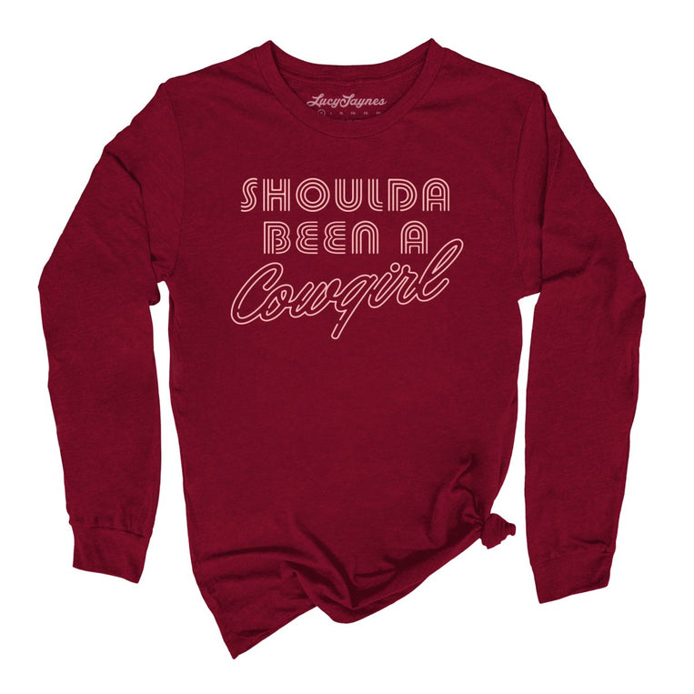 Should of Been a Cowgirl Retro Neon Graphic Long Sleeve Tee - Cardinal
