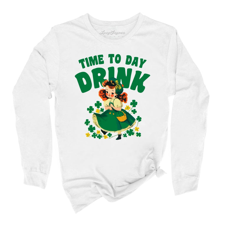 Time To Day Drink Graphic Long Sleeve Tee - White
